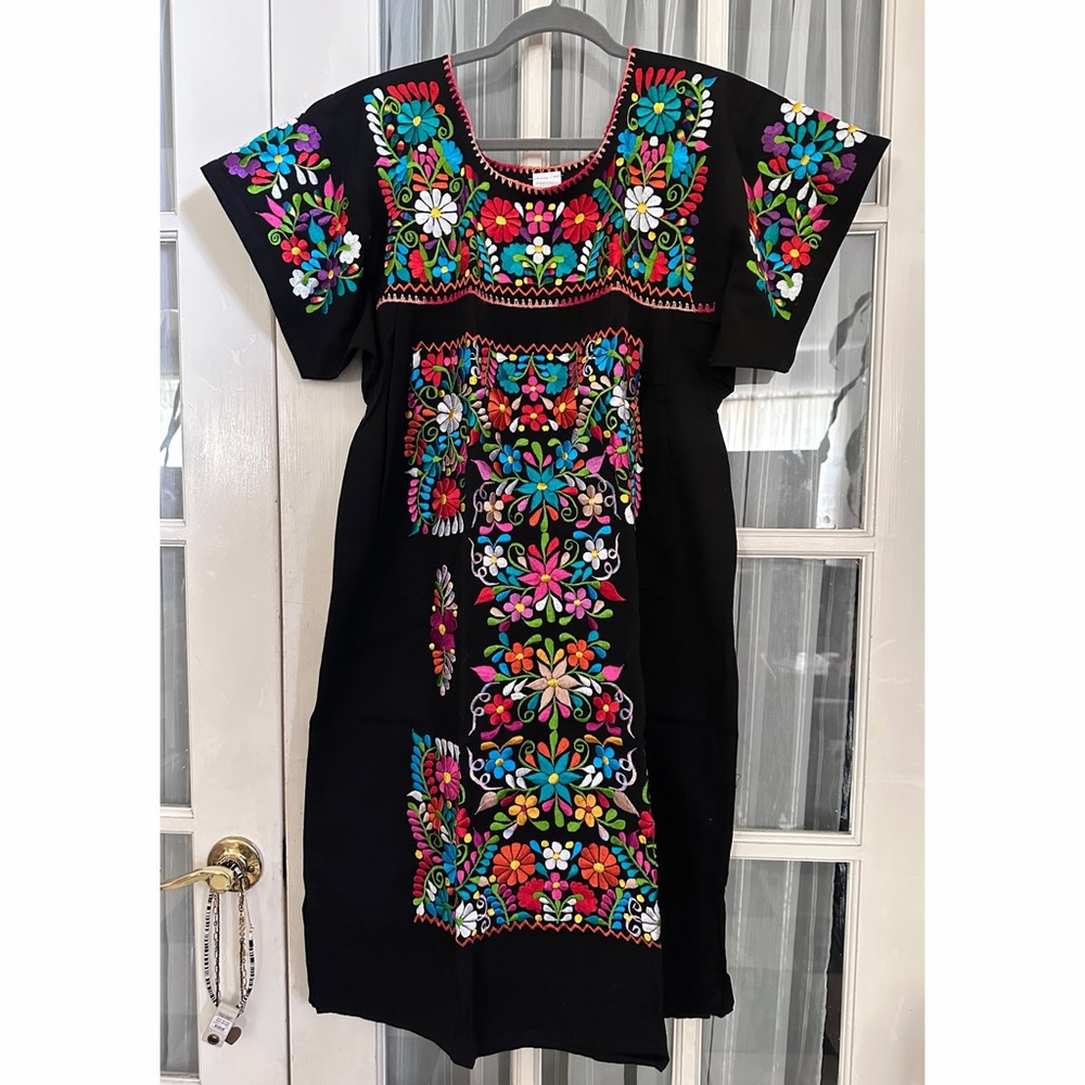 Mexican Floral Embroidered Black Dress